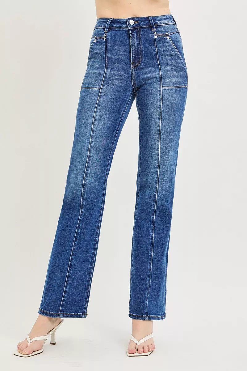 RISEN High Rise Straight Patch Pocket Seamed Jeans