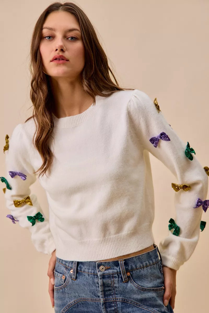 SO ME Mardi Gras Glitter Bow Ribbon Sweater Knit Top