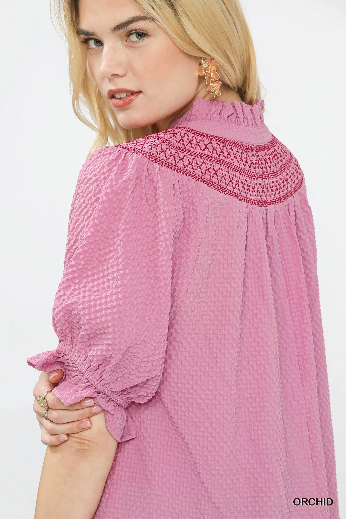 Umgee Textured Henley Blouse with Ruffle Cuffs