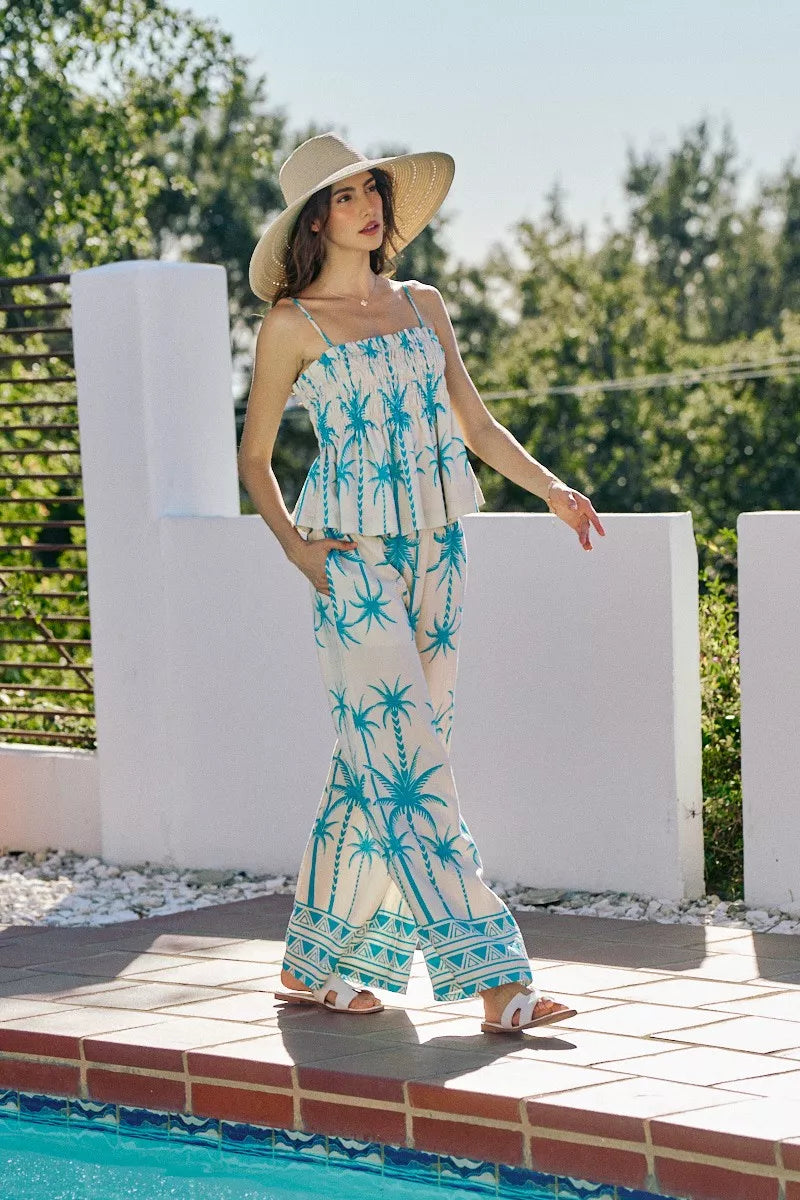 SO ME Palm Tree Smocked Bodice Adjustable Cami Top