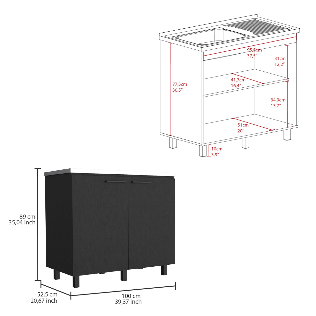 Napoles 2 Utility Sink with Cabinet, Stainless Steel Countertop, Interior Shelf - Wenge
