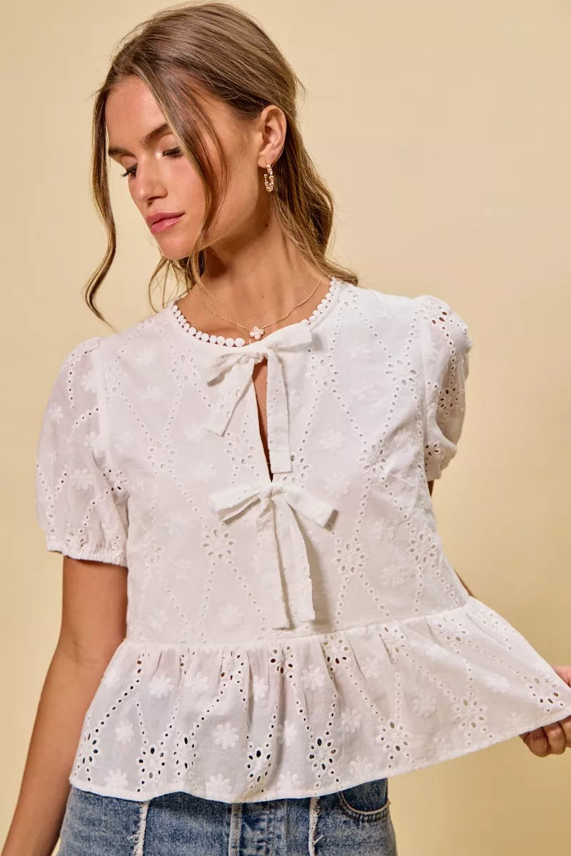 SO ME Cotton Eyelet Front Tie Short Sleeves Blouse