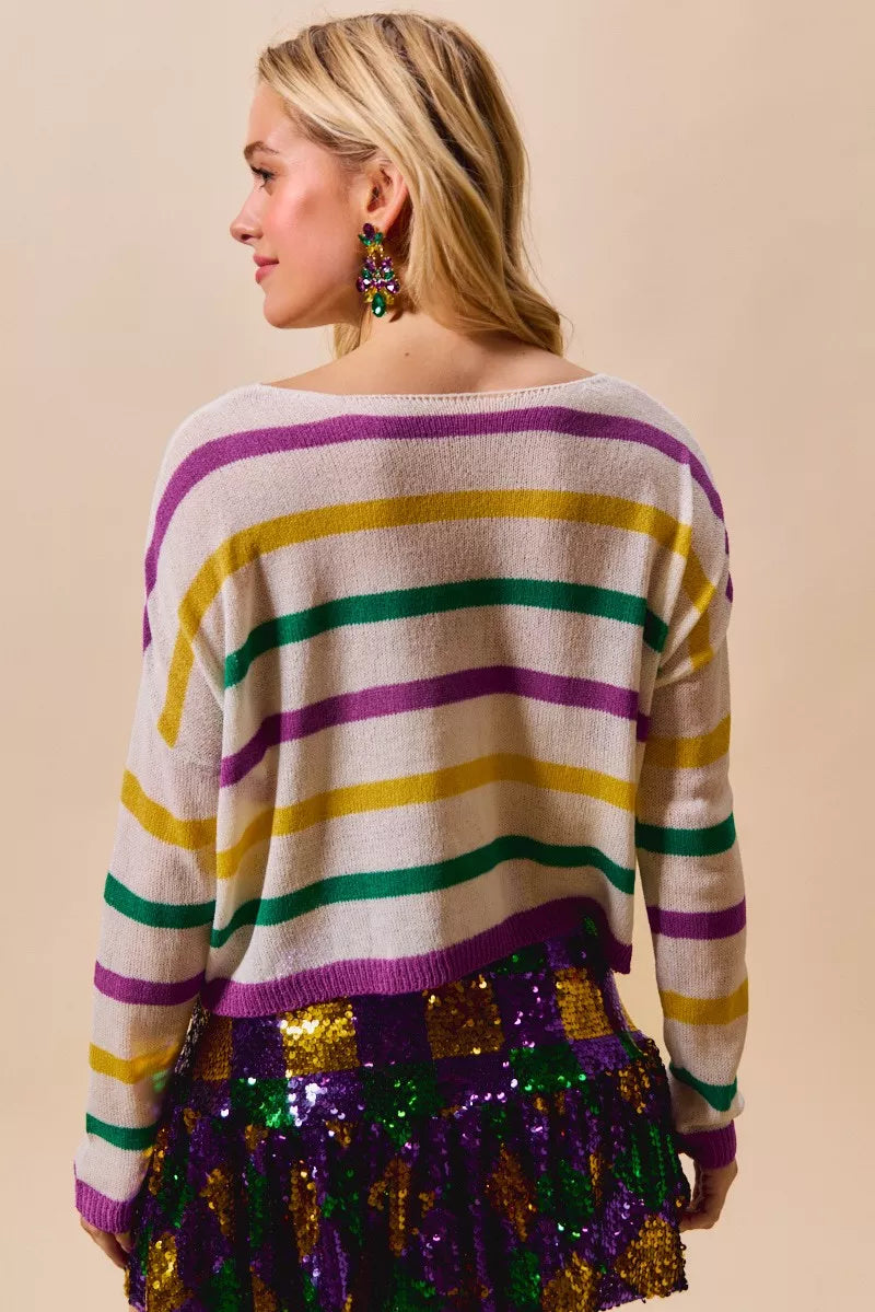 SO ME Mardi Gras Color Stripe Lightweight Sweater Top