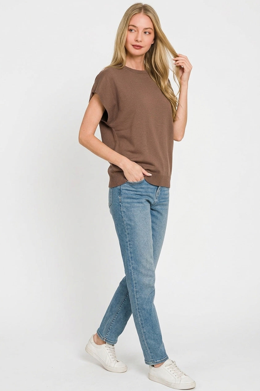 Zenana Viscose Round-neck Short Sleeve Sweater