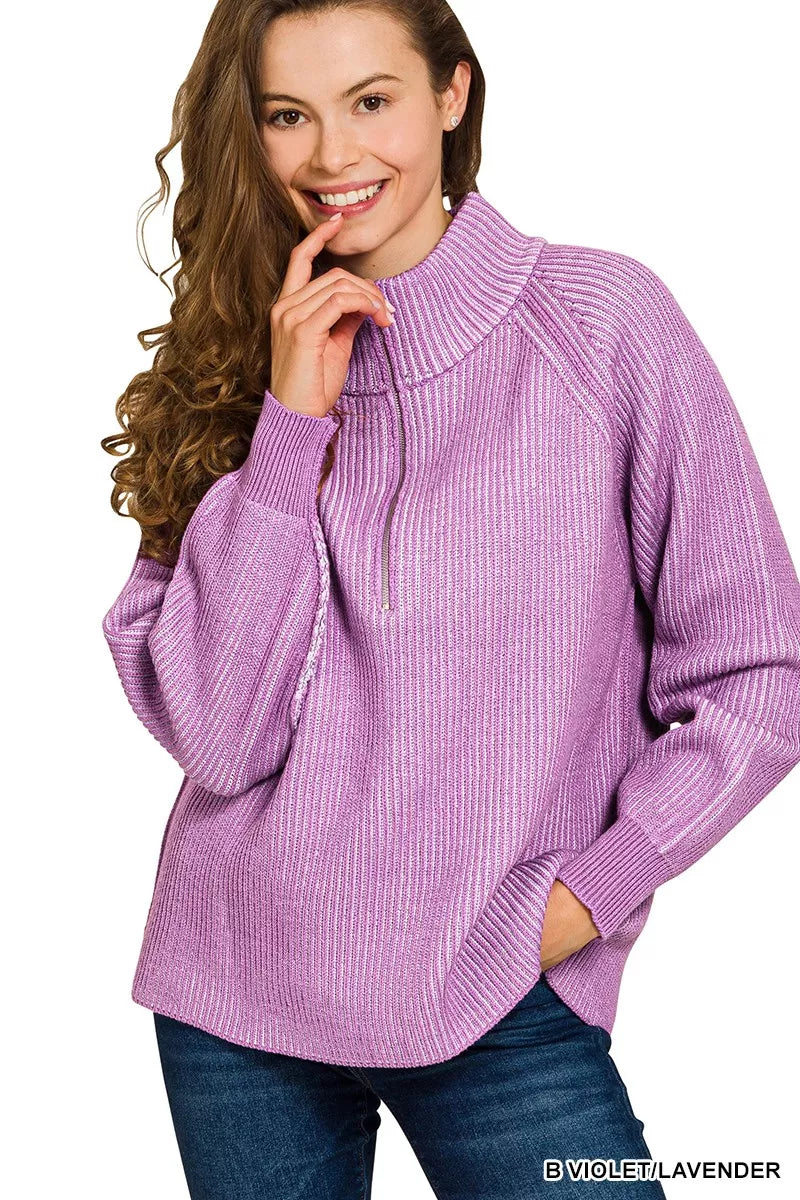 Zenana Ribbed Two Tone Half Zip Sweater
