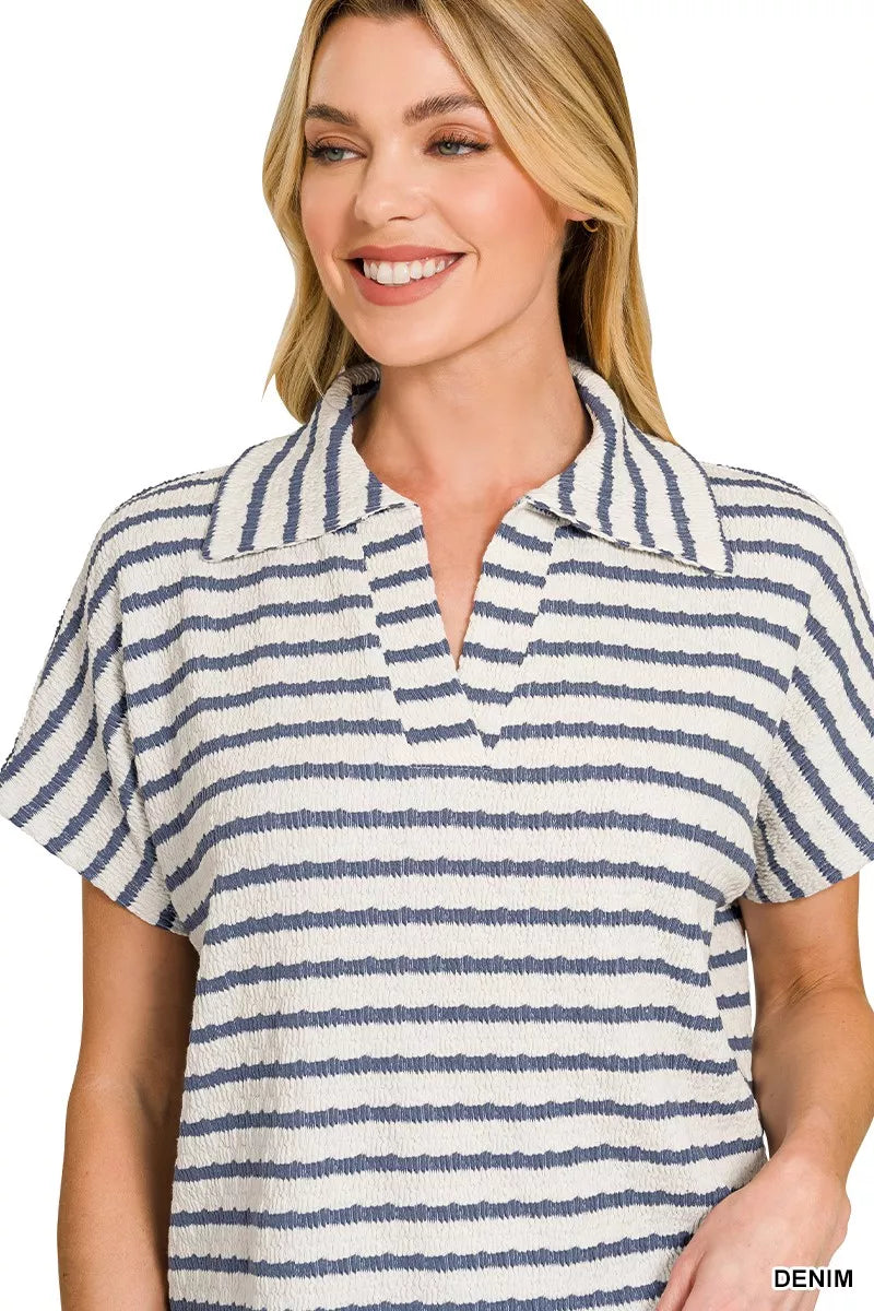 Zenana Striped Split Neck Collared Top
