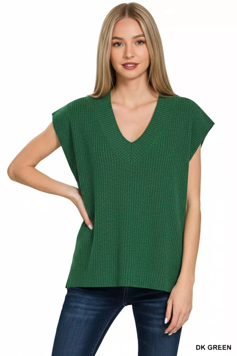 Zenana Ribbed Slit V-Neck Sweater Vest