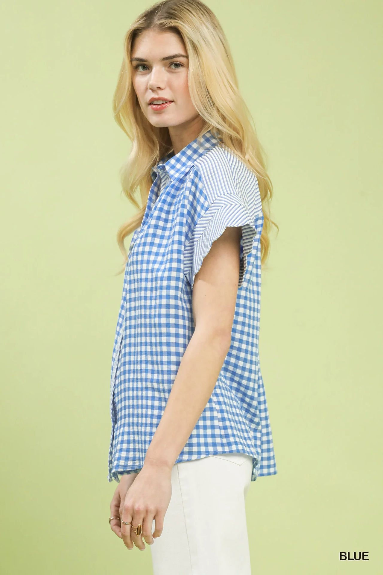 Umgee Mixed Gingham Short Sleeve Shirt