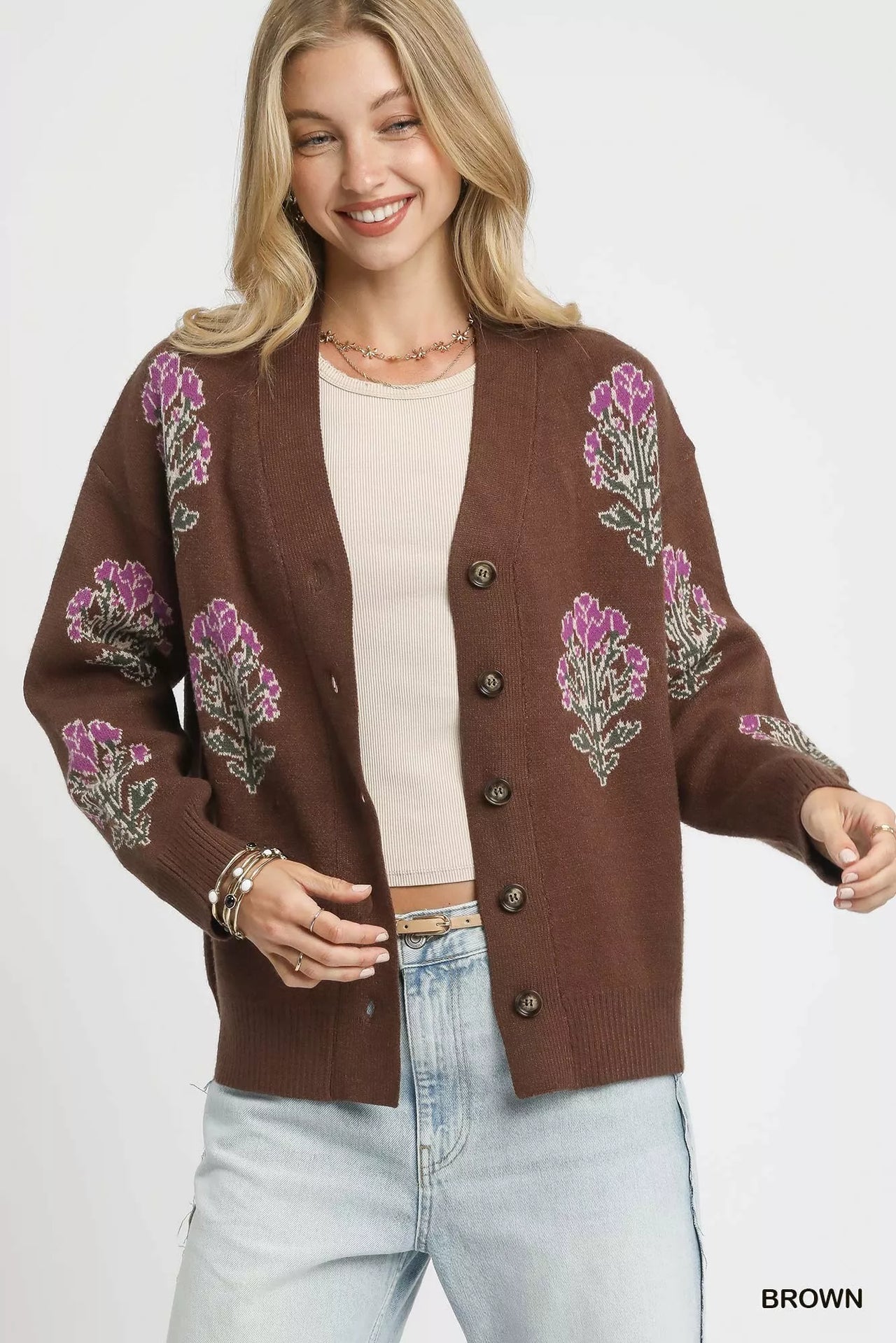 Umgee Single Flower Stem Jacquard Cardigan Sweater