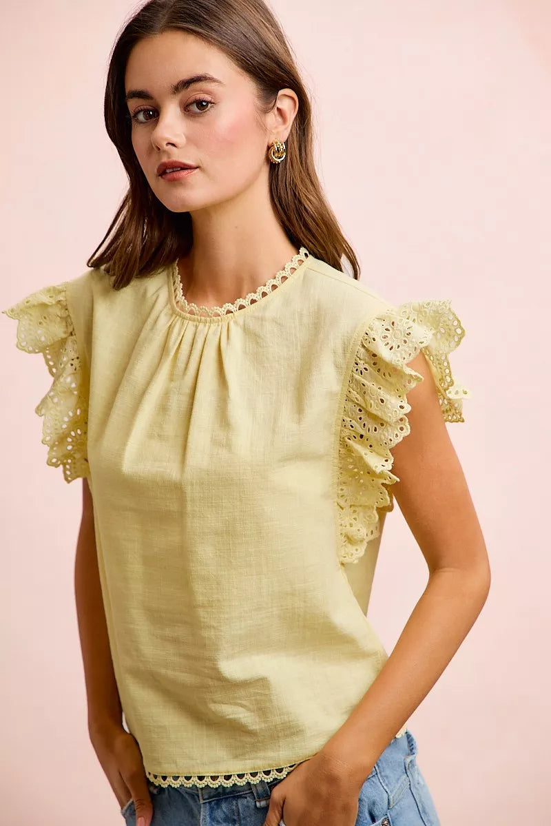 BiBi Cotton Solid Ruffle Sleeve Lace Detail Blouse Top