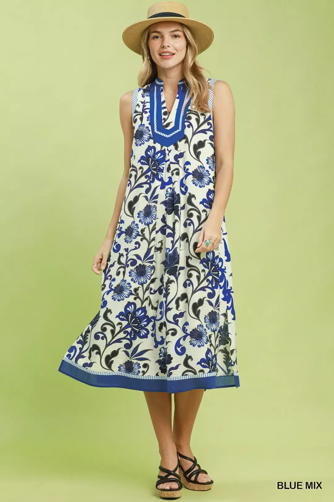 Umgee Floral Scroll Sleeveless Midi Dress