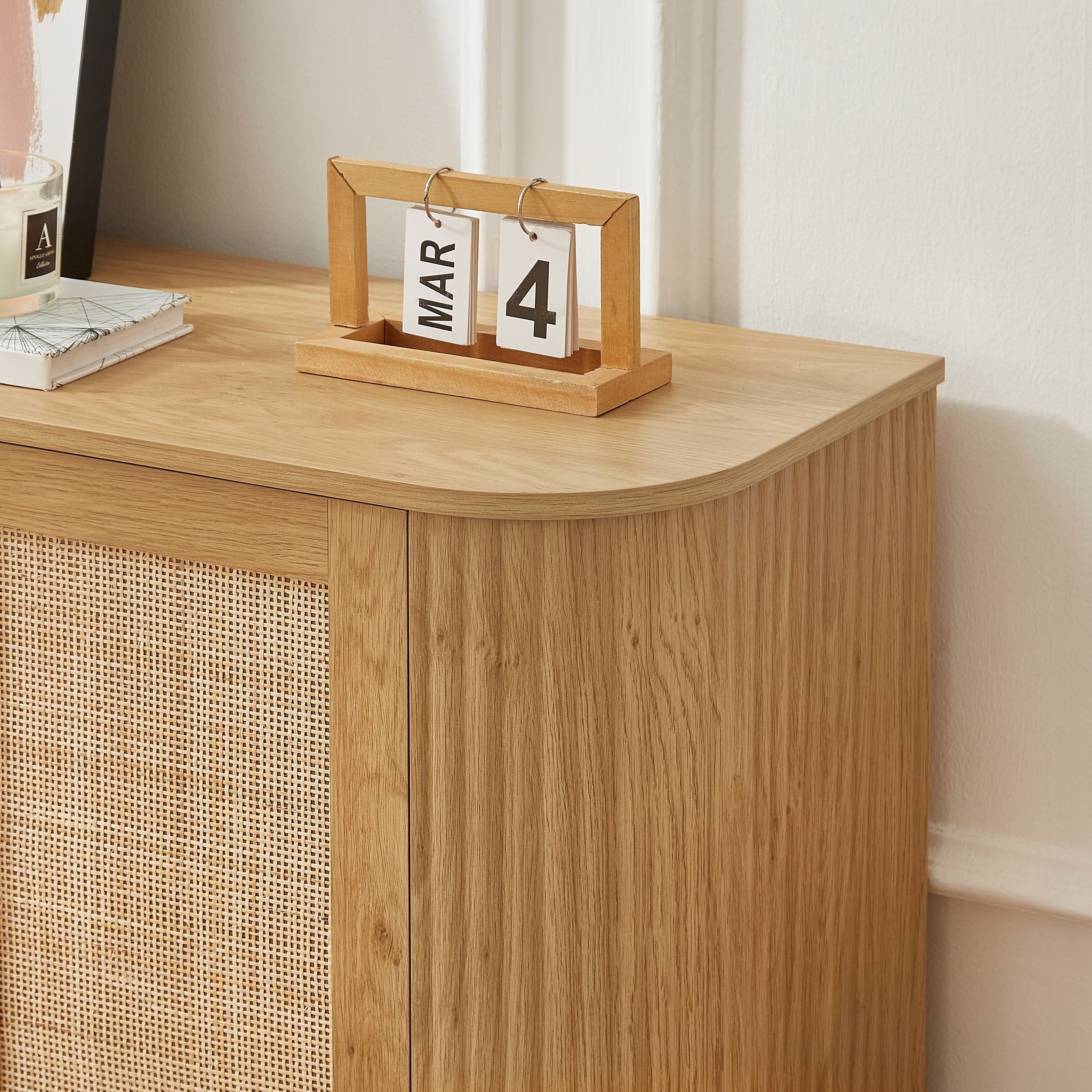 Contemporary Wave Shaped 64-Inch TV Stand with Rattan Doors in Natural Wood Finish
