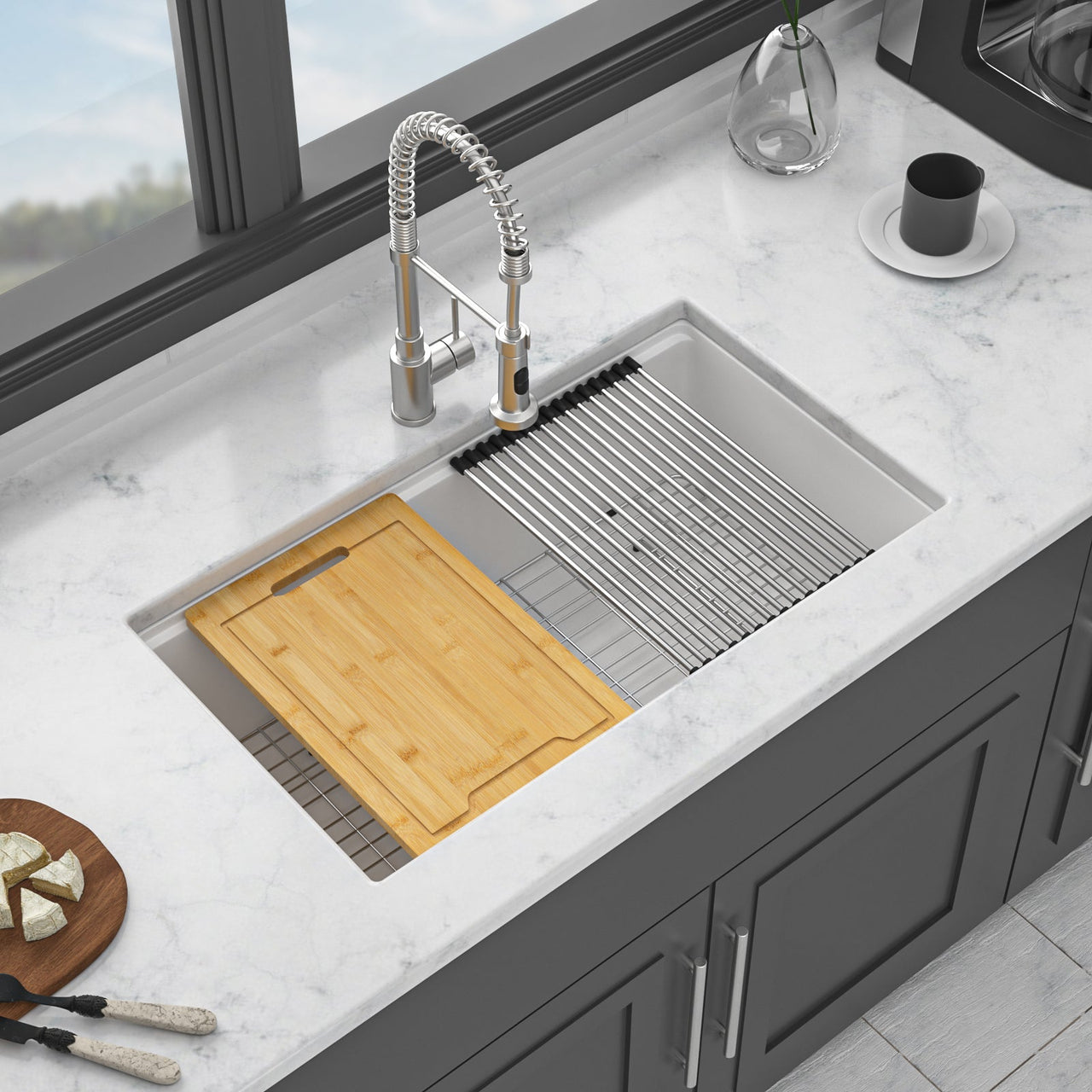Quartz Kitchen Sink - Workstation Undermount Sink in White Granite Composite, 30' x 19'
