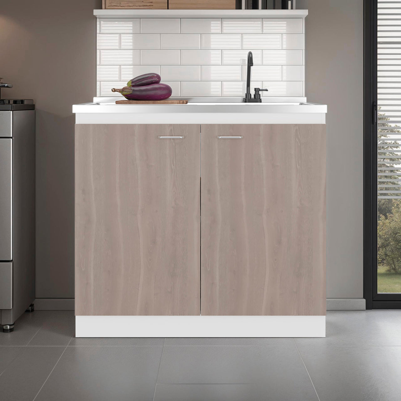 Salento Freestanding Sink, Double Door Cabinet, Two Shelves, White / Ligth Grey