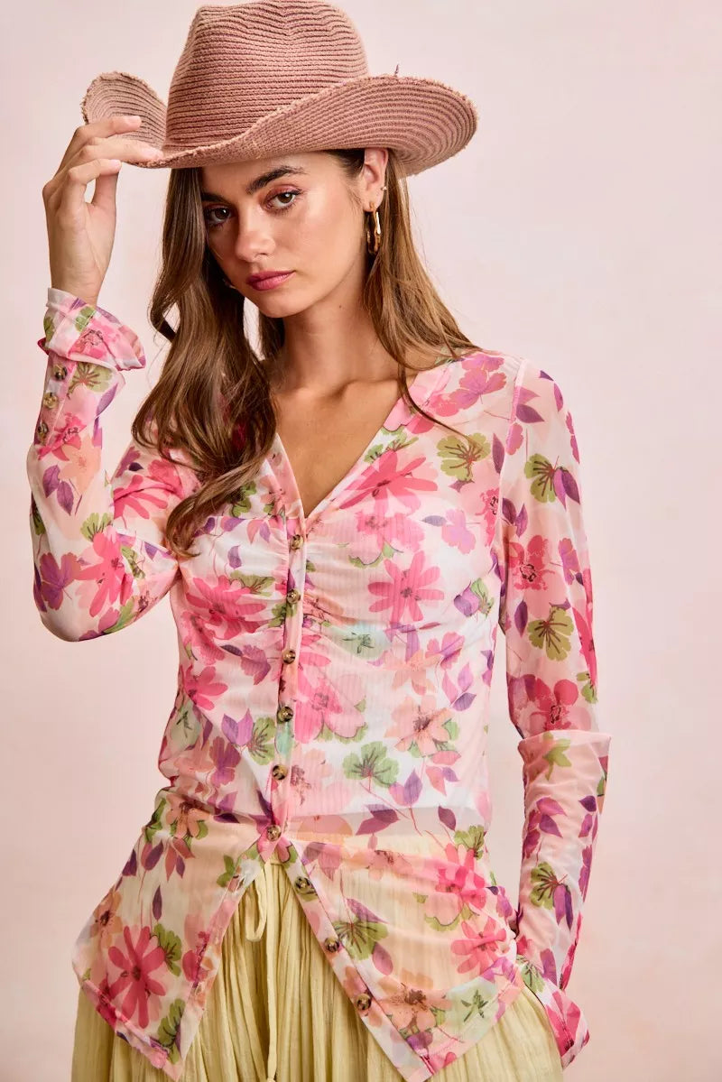 BiBi Floral Shrried Detail Button Up Mesh Cardigan Top