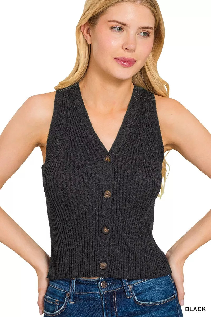 Zenana Ribbed Knit Button-Down Sweater Vest