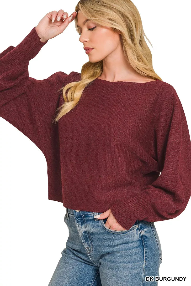 Zenana Boat Neck Balloon Sleeve Sweater