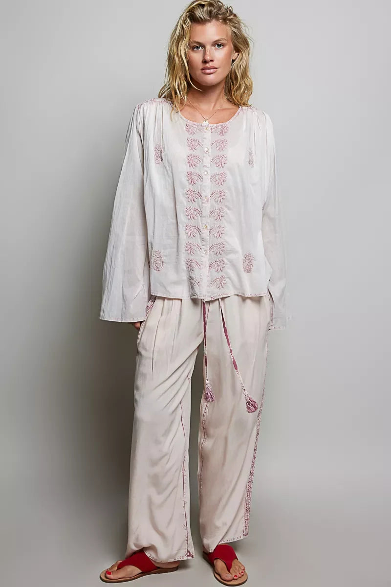 POL Embroidered Gathered Shoulder Long Sleeve Shirt