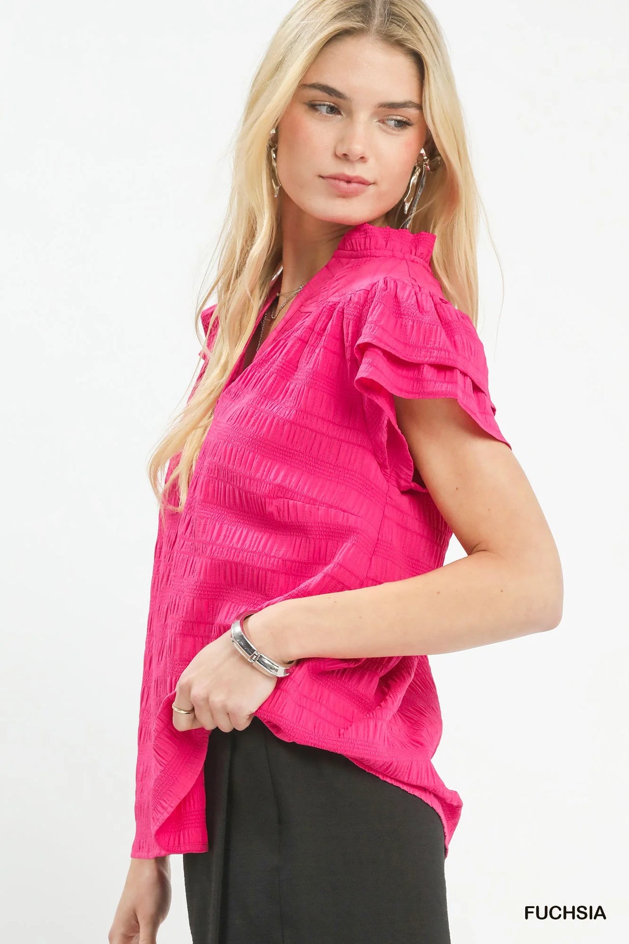 Umgee Textured Flutter Sleeve Split Neck Top