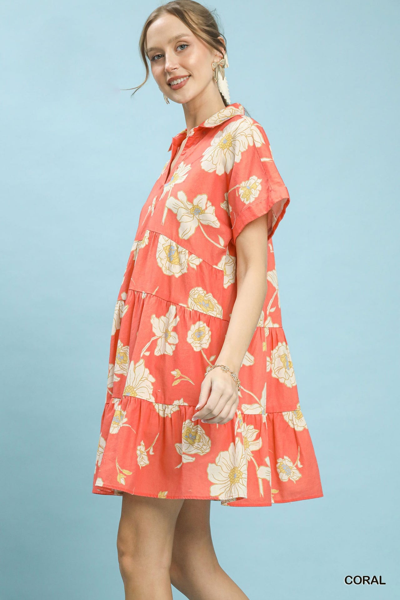 Umgee Floral Tiered Collared Babydoll Dress
