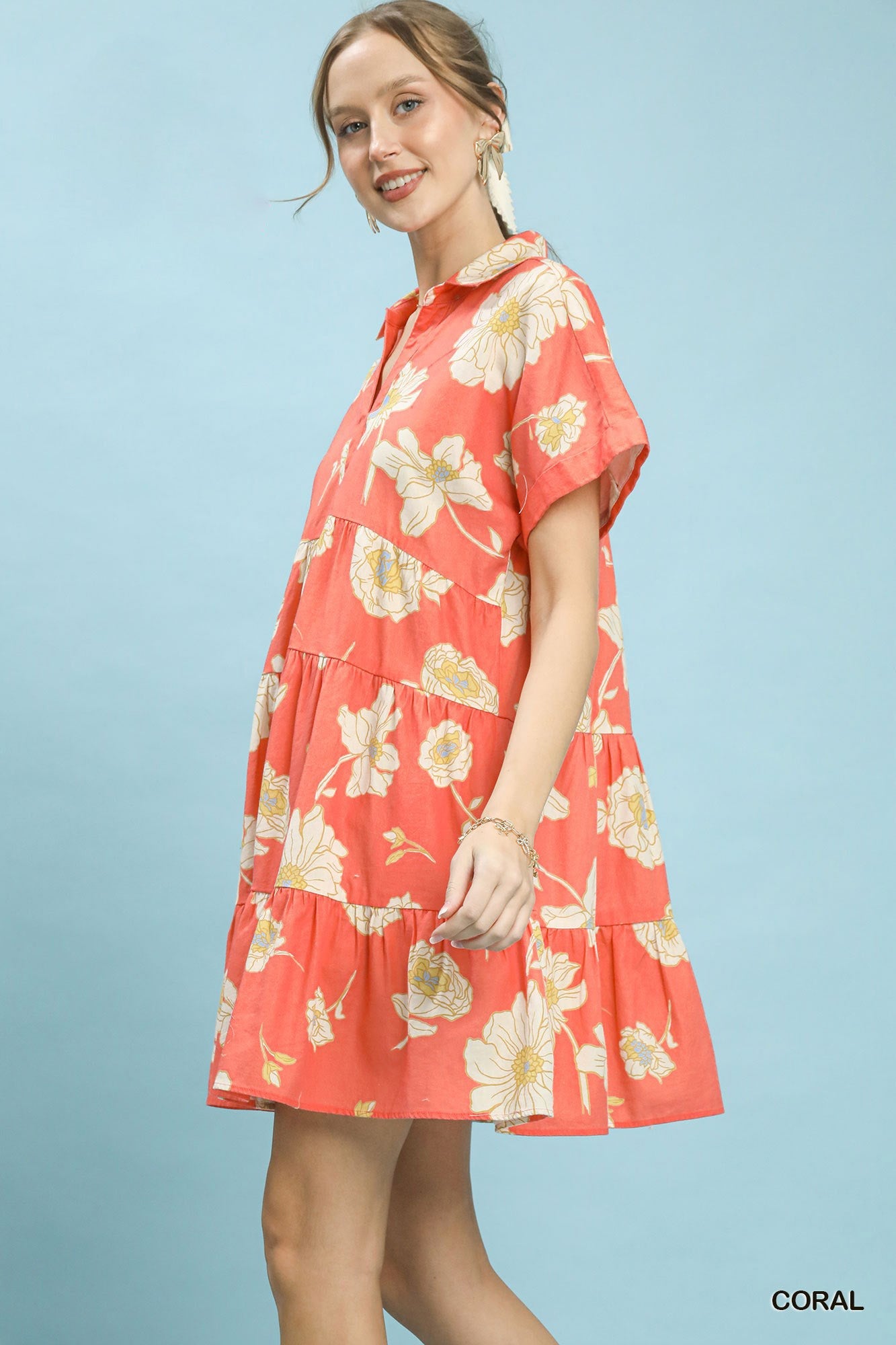 Umgee Floral Tiered Collared Babydoll Dress