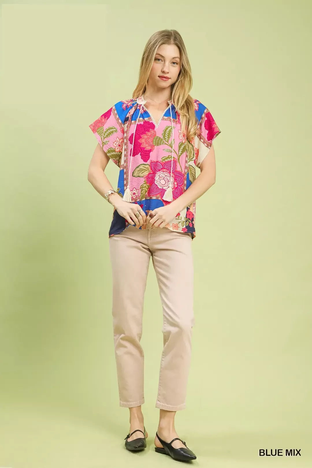 Umgee Mix Floral Patchwork Tassel Tie Top