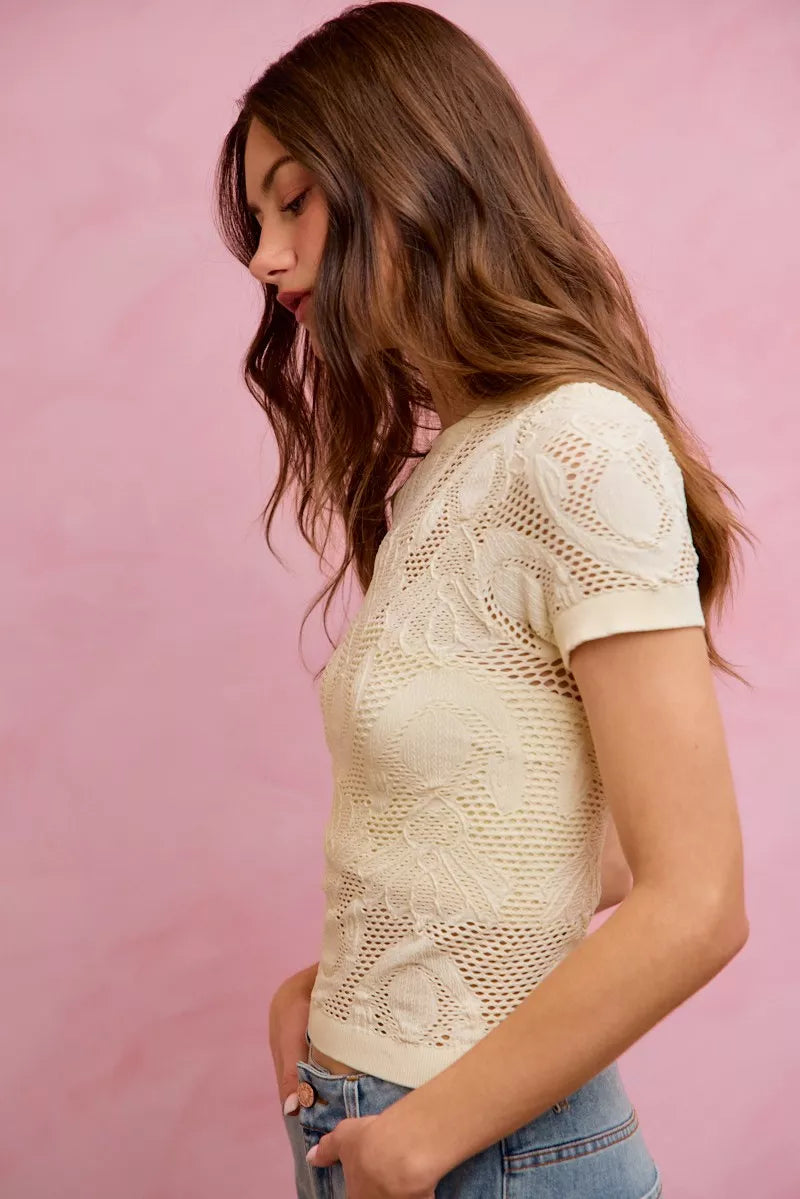 SO ME Floral Perforated Seamless Active Short Sleeve Top