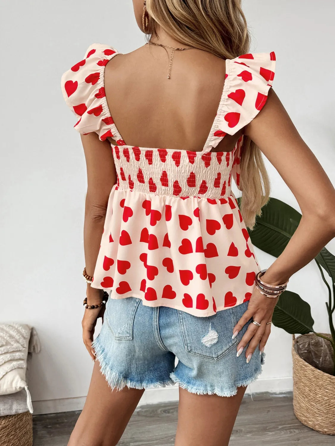 Heart Print Bow Front Peplum Blouse