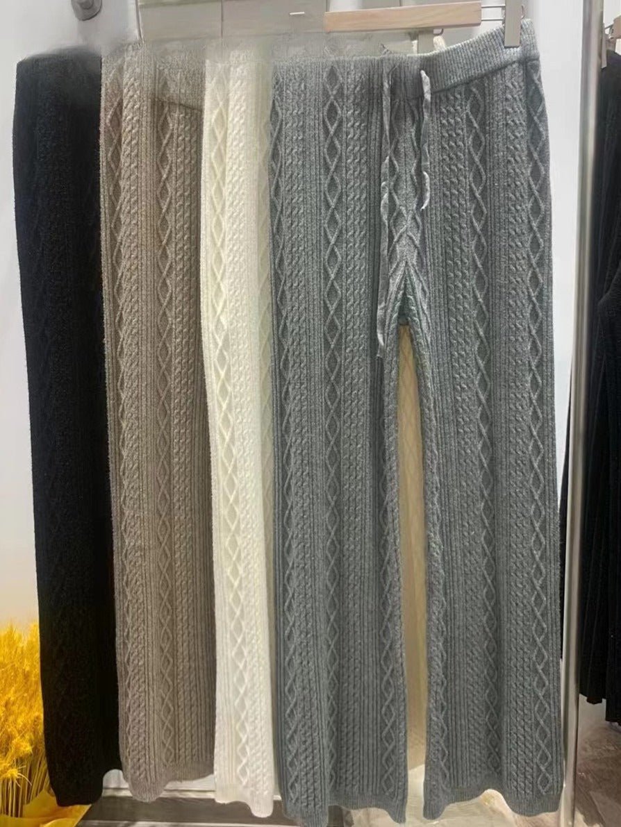 Cable Knit Wide Leg Pants | High Waist Drawstring Lounge Pants(MS183)
