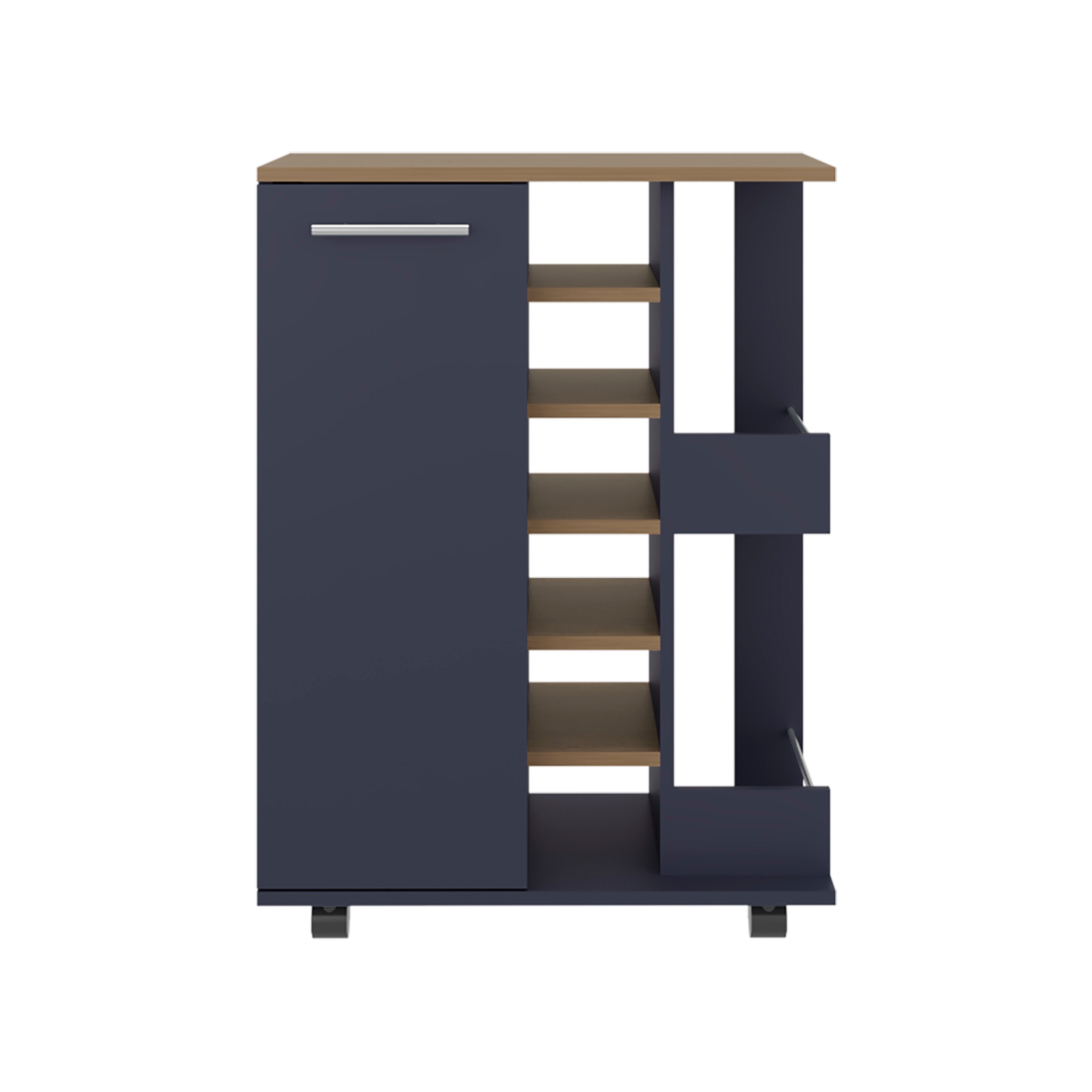 Carefree bar cabinet, bottle racks, double side shelves, modern design in Kronos Ash and Kronos Blue.