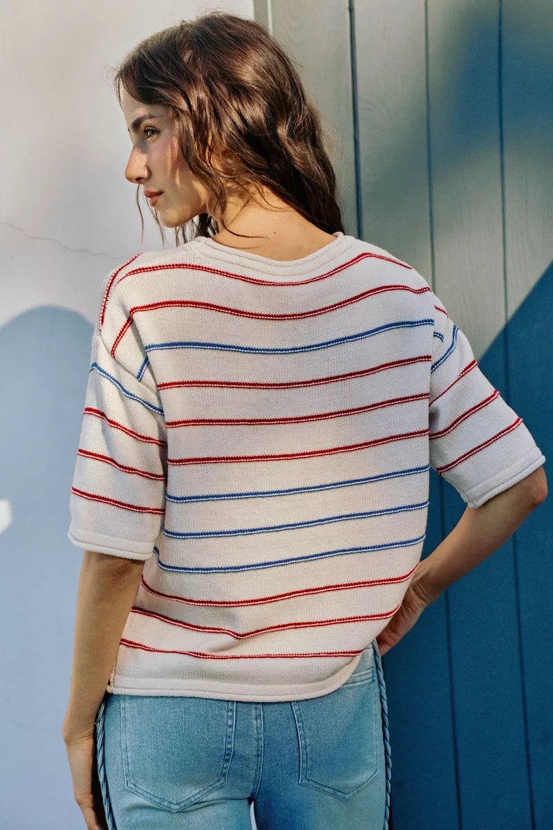 SO ME Usa Stripe Knit Short Sleeves Sweater Top