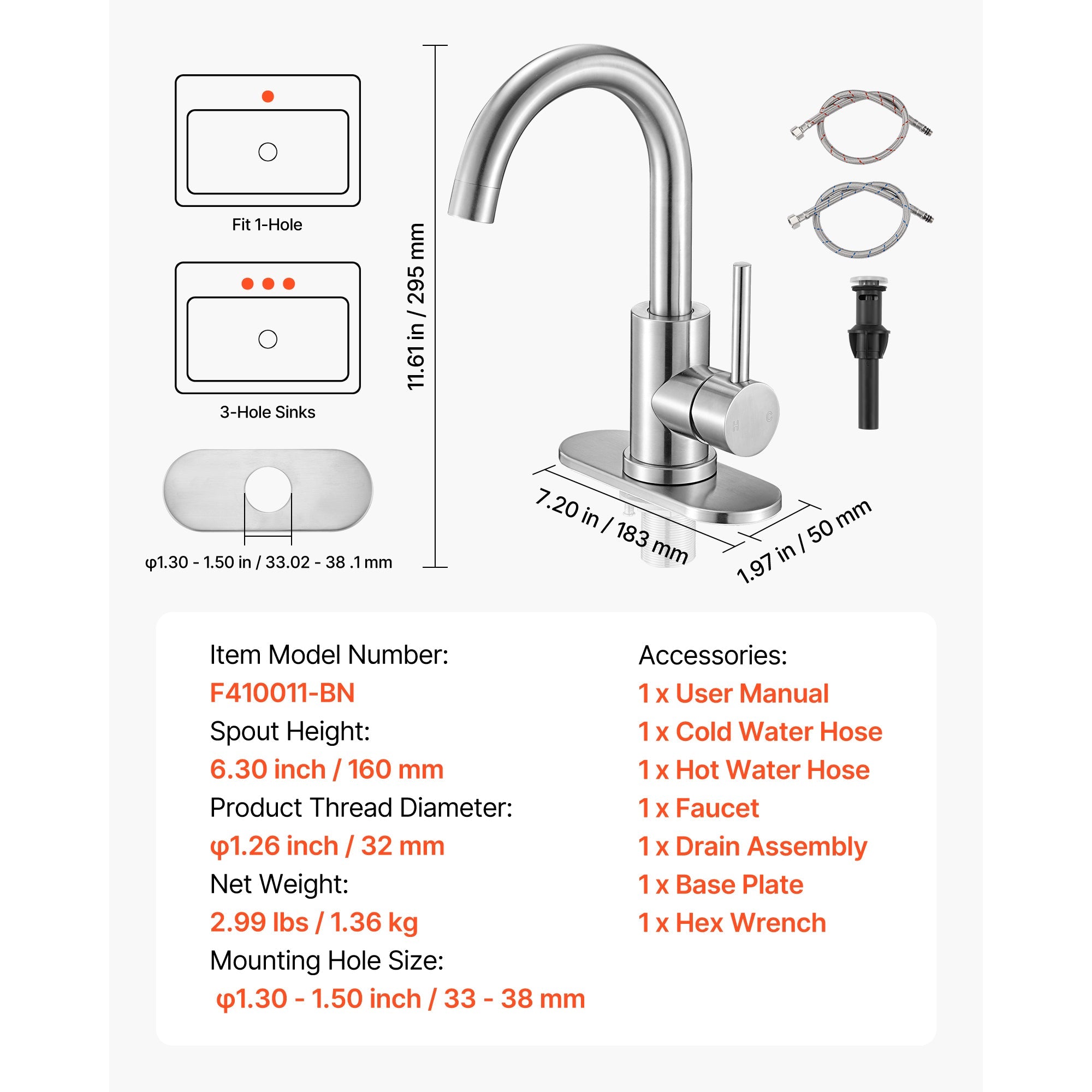 Single Handle Sink Faucet, Kitchen Faucet Brushed Nickel Single Handle, Kitchen Water Faucets with Anti-Splash Aerator, Suitable for Bathroom, RV, Bar Sink, Public Restroom, High Arc Spout