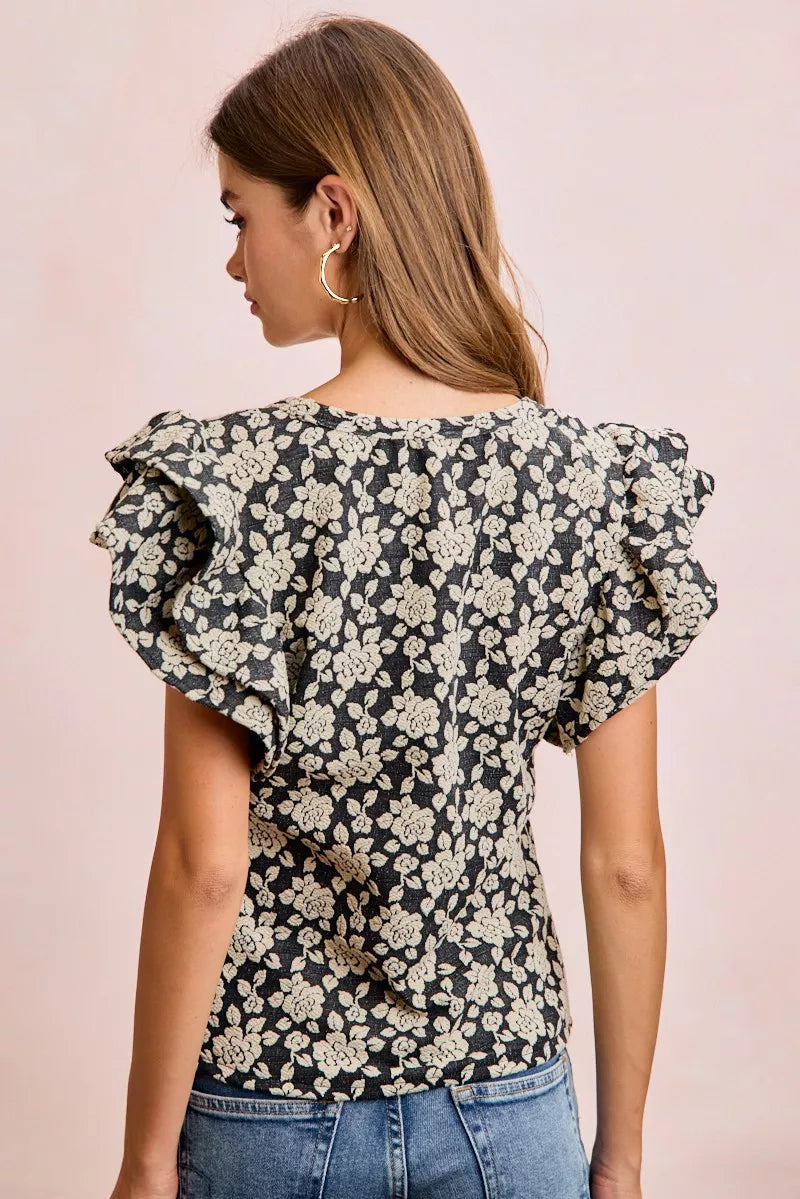 BiBi Floral Jacquard Ruffle Sleeves Knit Top