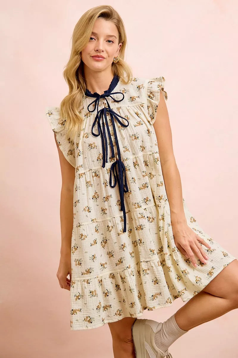 BiBi Floral Multi-tierd Dress With Ruffles And Front Tie