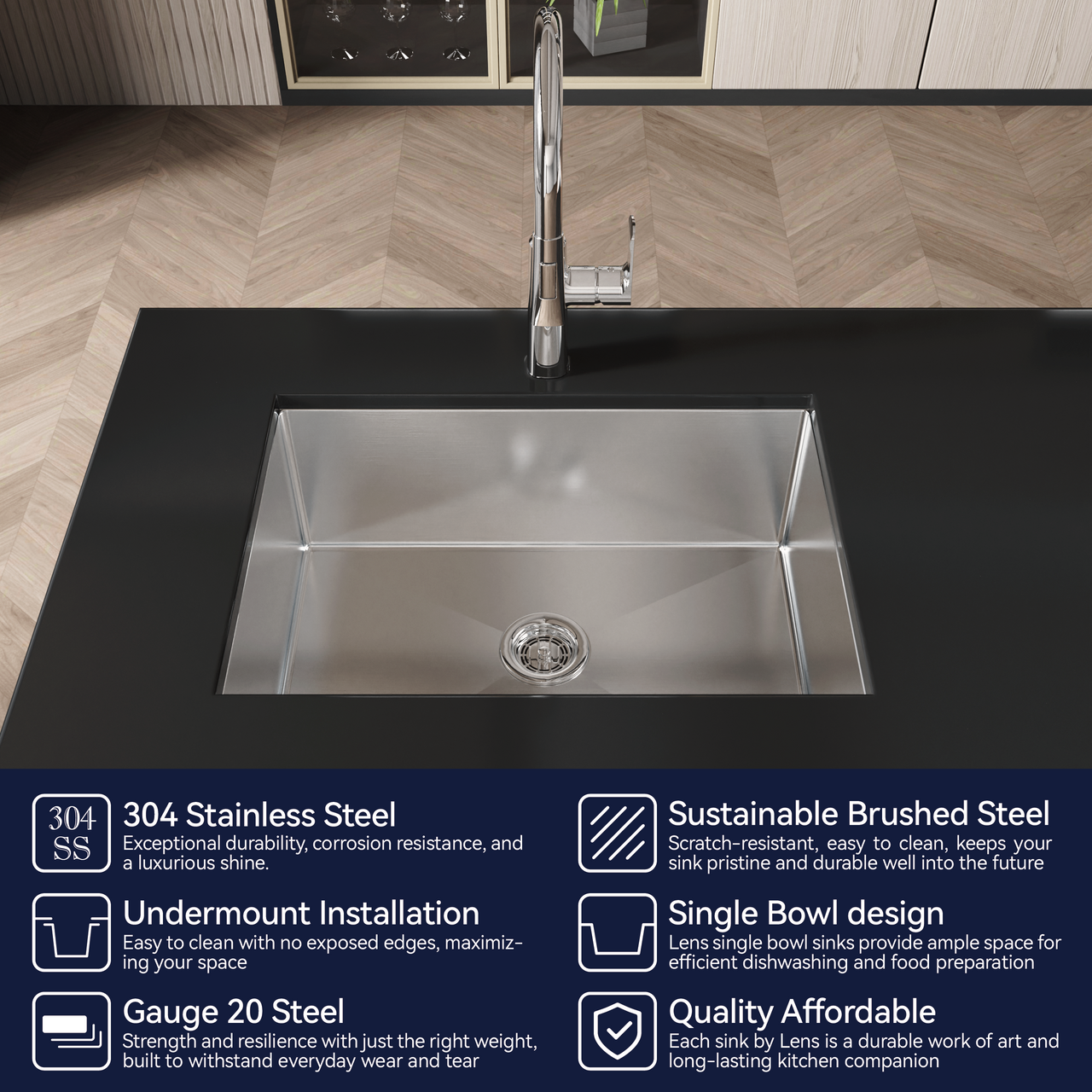 Stainless Steel Kitchen Sink, 27″x19″ Single Bowl, Undermount Handmade Sink in Brushed Nickel, with US Standard Drain and Hook, LS-SSBR06