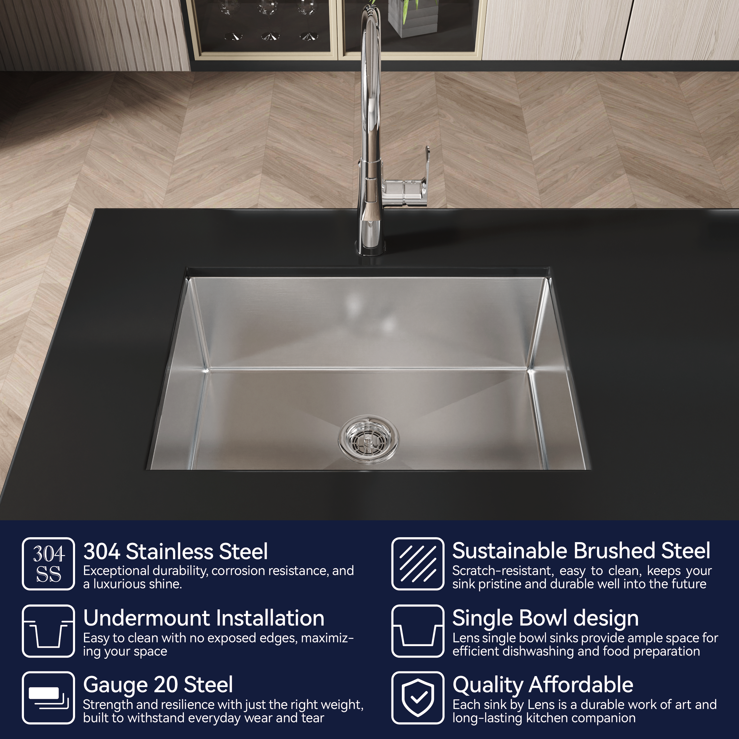 Stainless Steel Kitchen Sink, 27″x19″ Single Bowl, Undermount Handmade Sink in Brushed Nickel, with US Standard Drain and Hook, LS-SSBR06