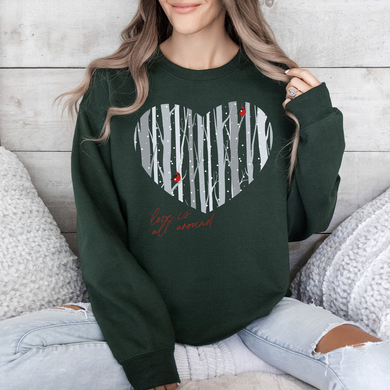 Love Is All Around Winter Forest Cardinal Heart Scene With Snowflakes And Cardinal Birds Sweatshirt