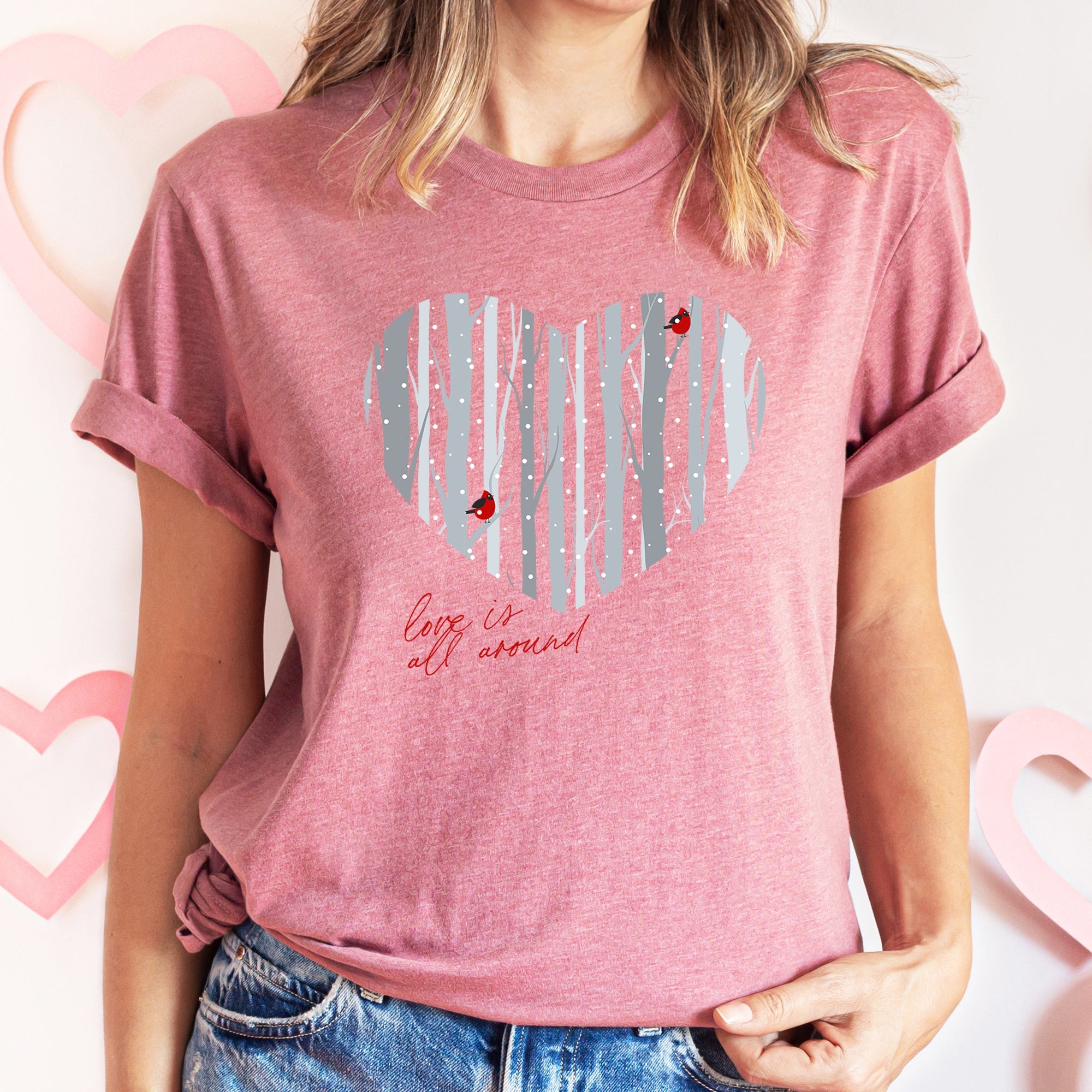 Love Is All Around Winter Forest Cardinal Heart Seasonal Romance Edition Graphic Tee