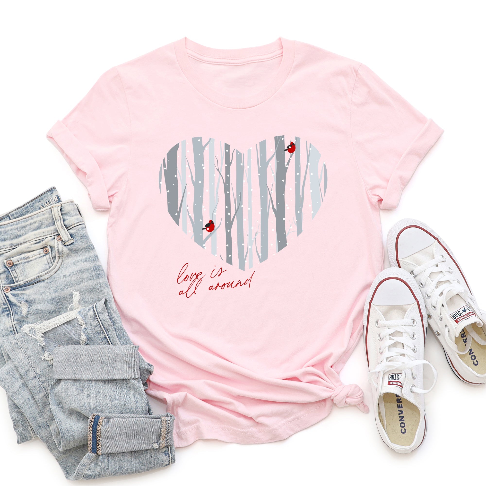 Love Is All Around Winter Forest Cardinal Heart Seasonal Romance Edition Graphic Tee
