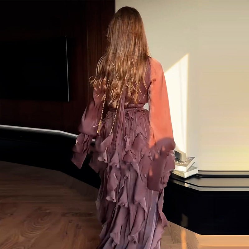 Cascading Ruffle Gown | High Neck Tie-Waist Maxi Dress(MS231)