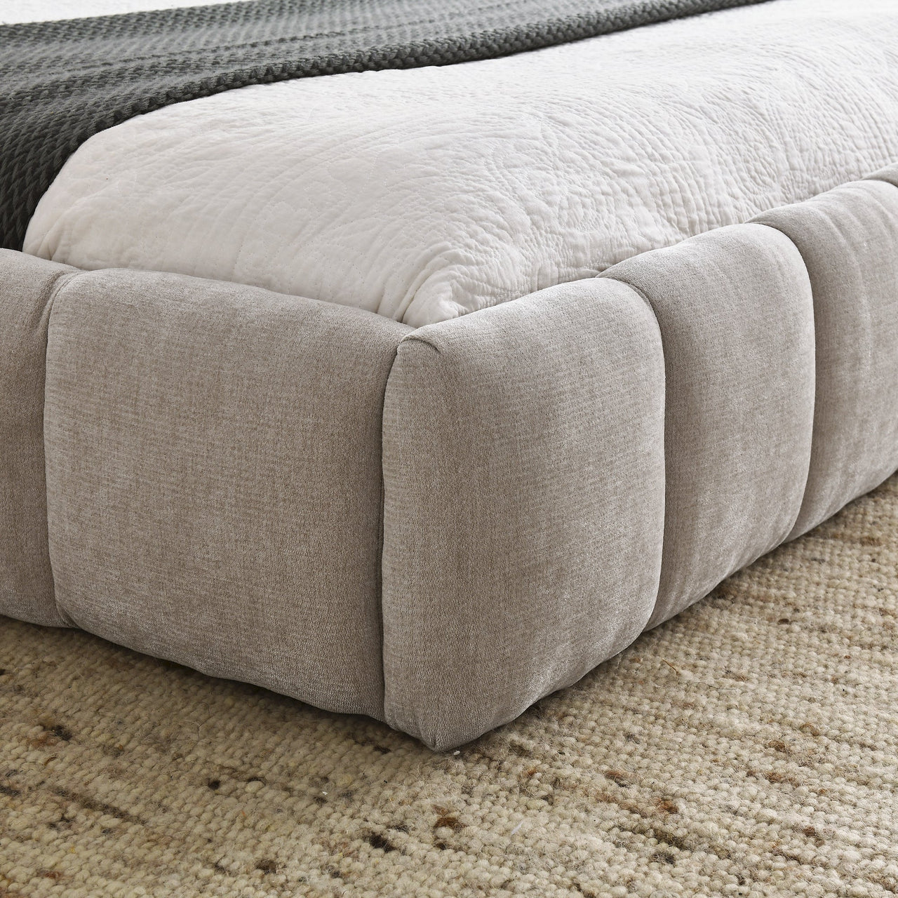 Modern Queen Size Upholstered Bed Frame with Headboard, Thick Chenille Fabric, Beige