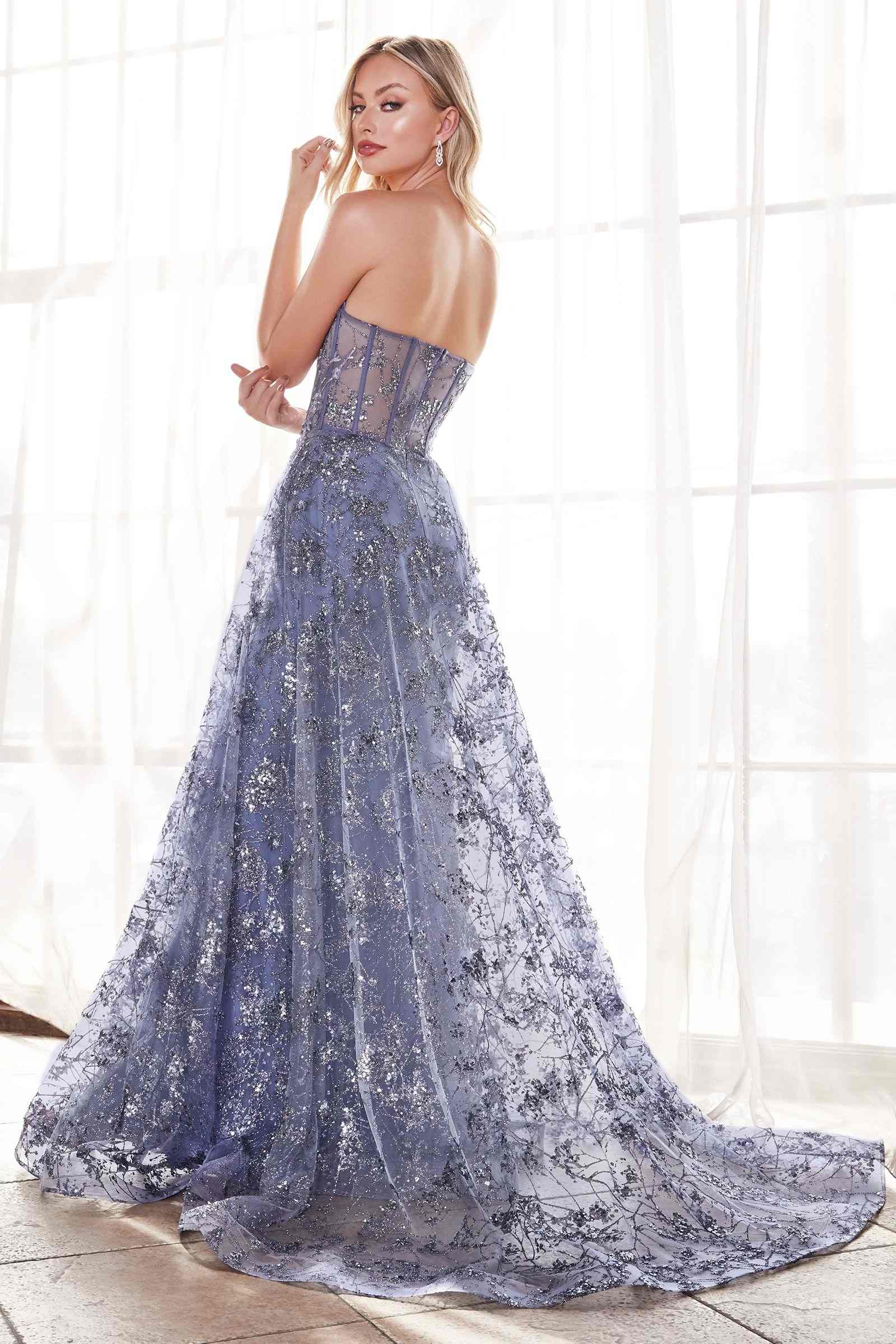 Ladivine CB046 Strapless Fitted Gown Floral Applique And Glitter Tulle Overskirt