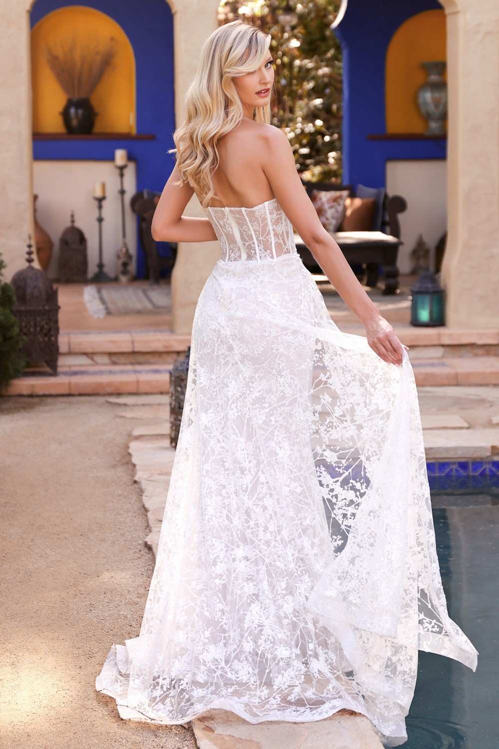 Cinderella Divine CB046W Strapless Gown Floral Applique Glitter Tulle Overskirt