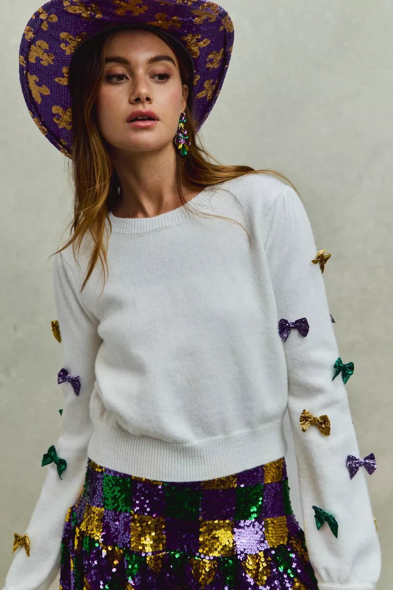 SO ME Mardi Gras Glitter Bow Ribbon Sweater Knit Top