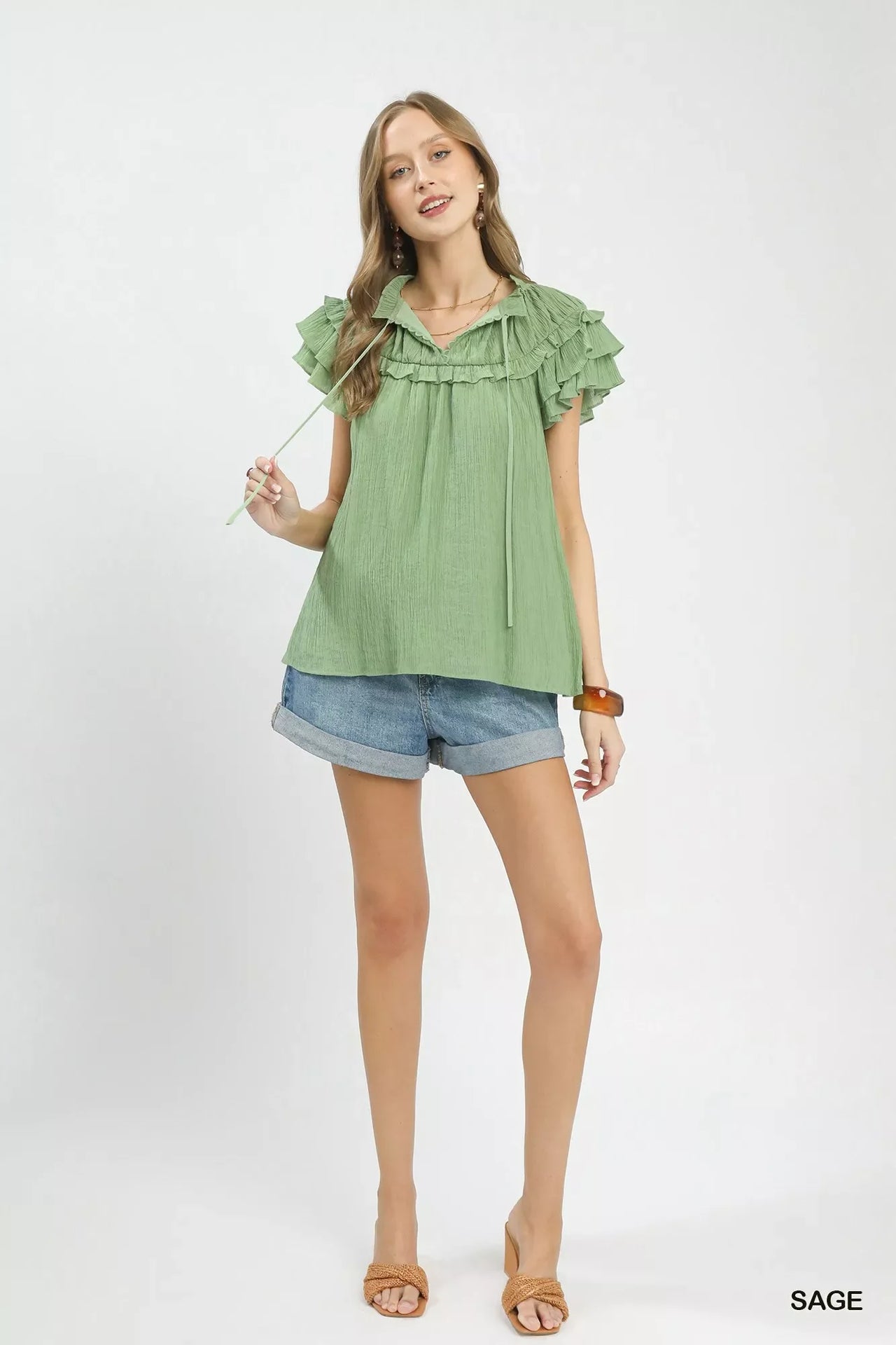 Umgee Ruffled Flutter Sleeve Textured Blouse