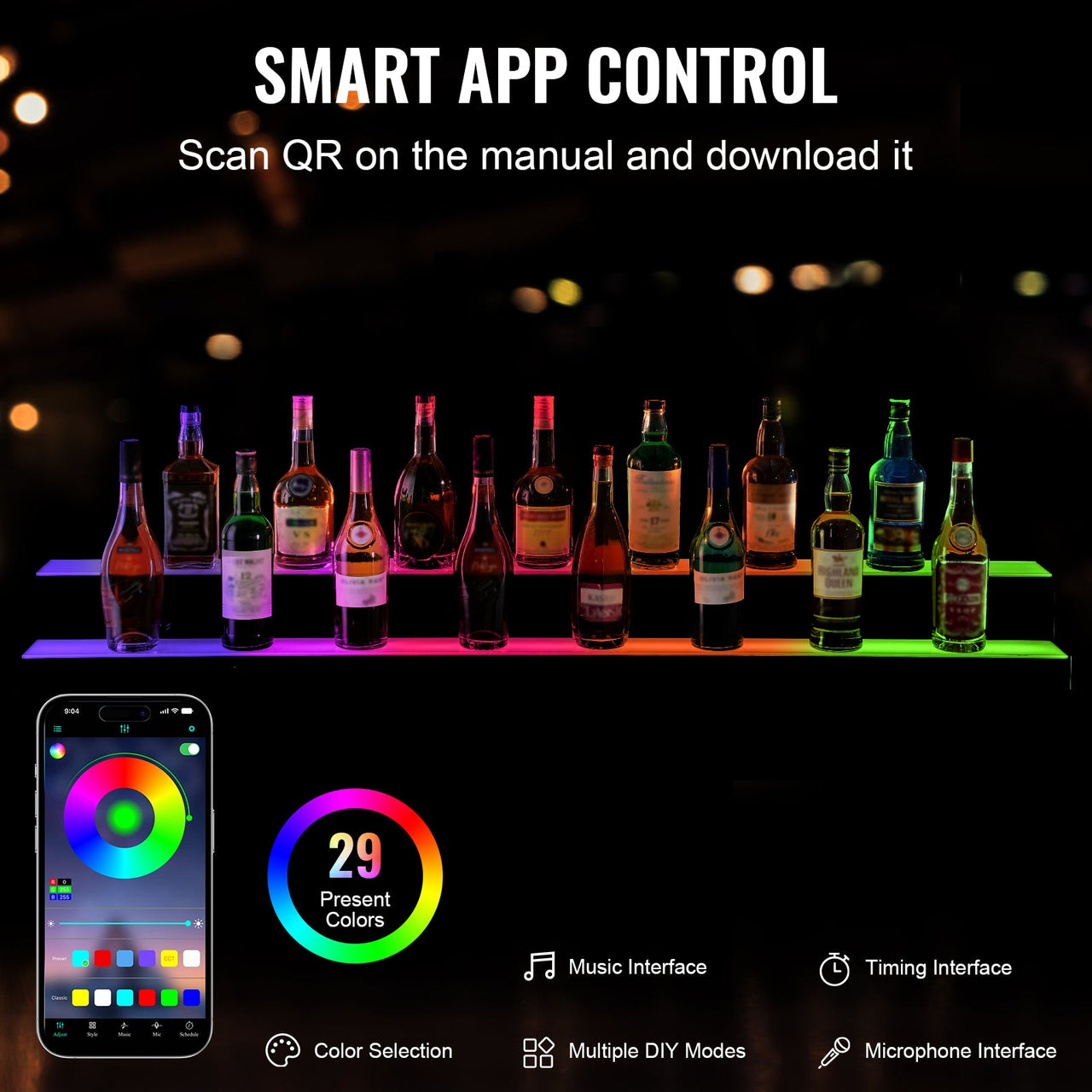 LED Lighted Liquor Bottle Display Bar Shelf RF & App Control 60' 2-Step