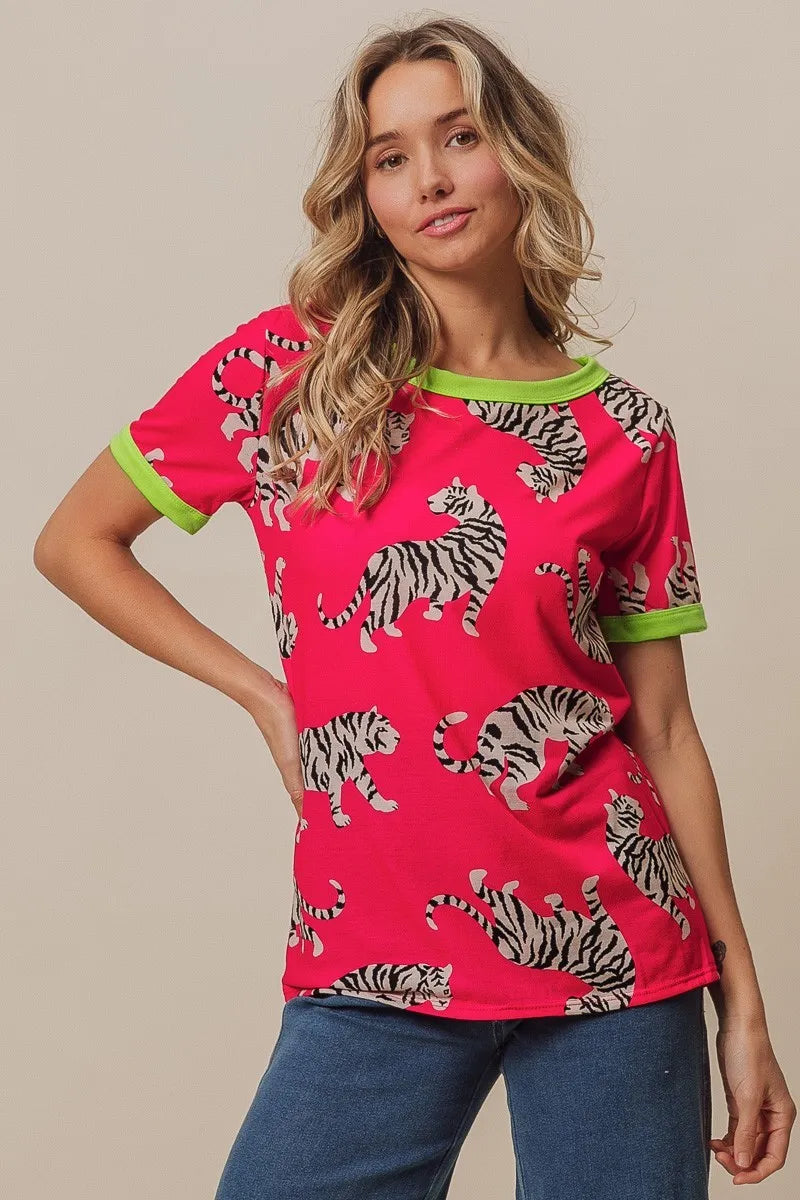 BiBi Big Tiger Print Jersey Contrast Ringer Top