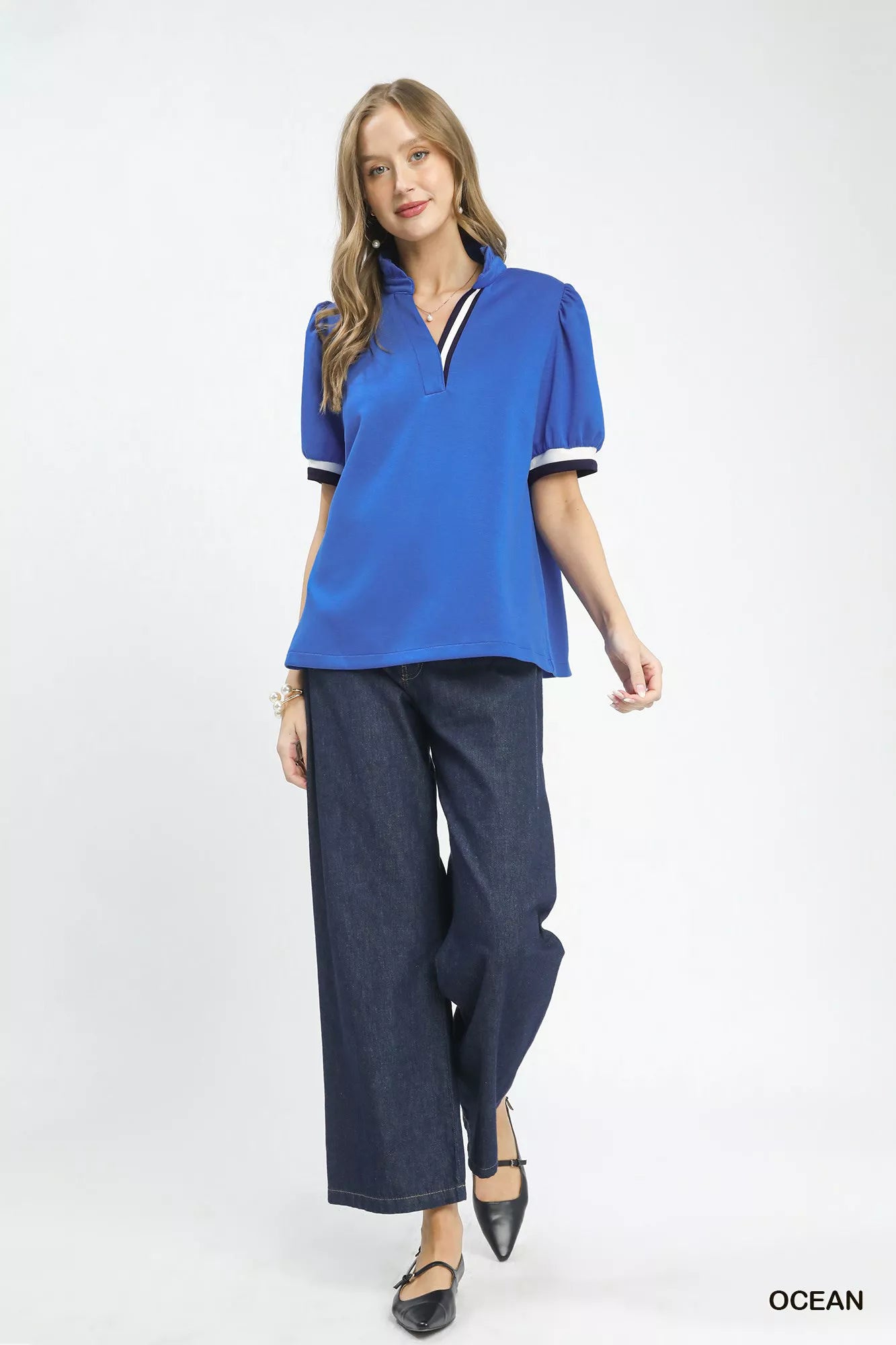Umgee Luxe knit Contrast Trim Puff Sleeve Top