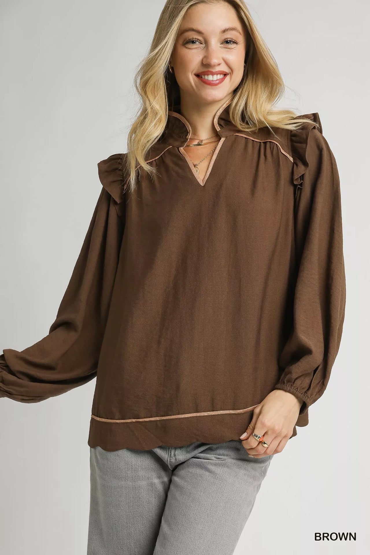 Umgee Ruffle Shoulder Long Sleeve Blouse