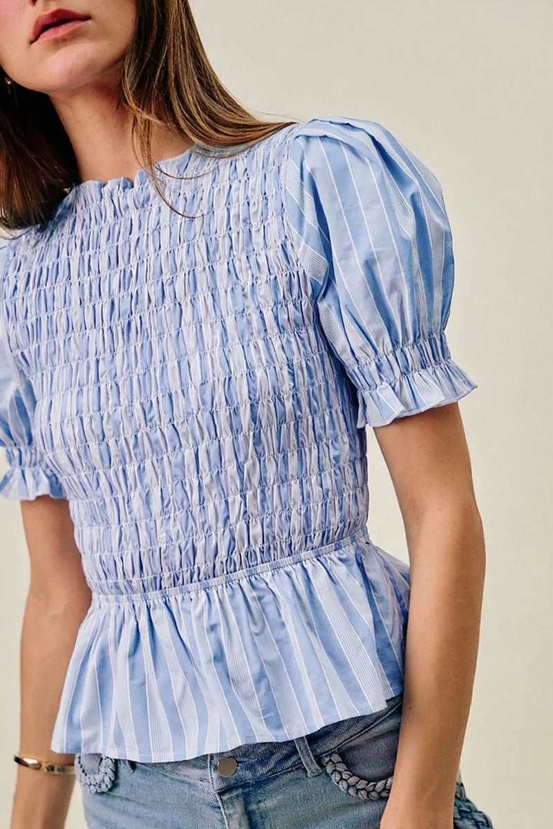 SO ME Stripe Smocked Bodice Puff Sleeves Blouse Top